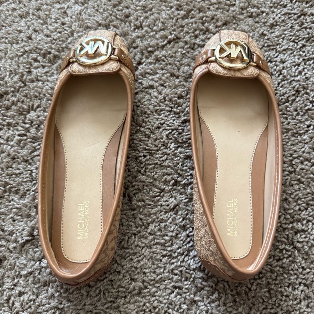 Michael Kors Tan Logo Ballet Flats with Gold Emblem
